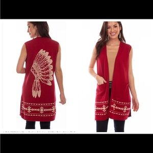 Scully Red Indian Headdress open front sweater vest / duster Size Small